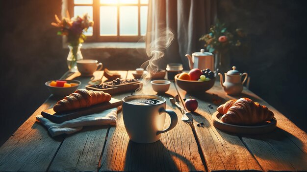 Replica cups containing hot coffee and food are placed on a rustic wooden table