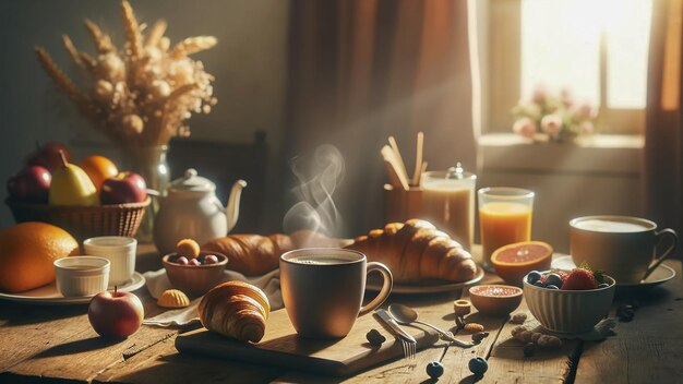 Replica cups containing hot coffee and food are placed on a rustic wooden table