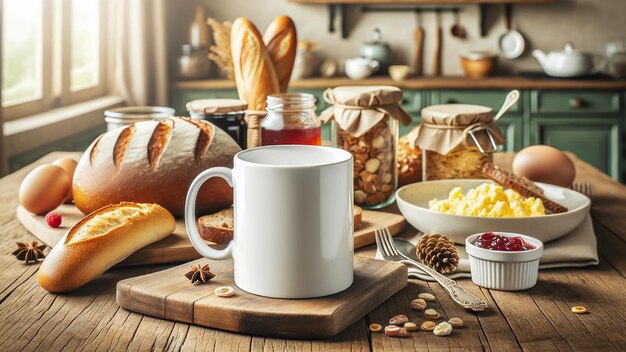 Replica cups containing hot coffee and food are placed on a rustic wooden table