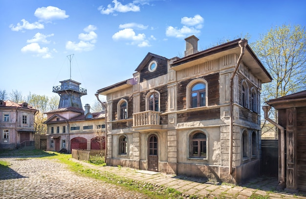 A replica of old houses, a church on a city street on the territory of the museum of the Mosfilm film concern in Moscow