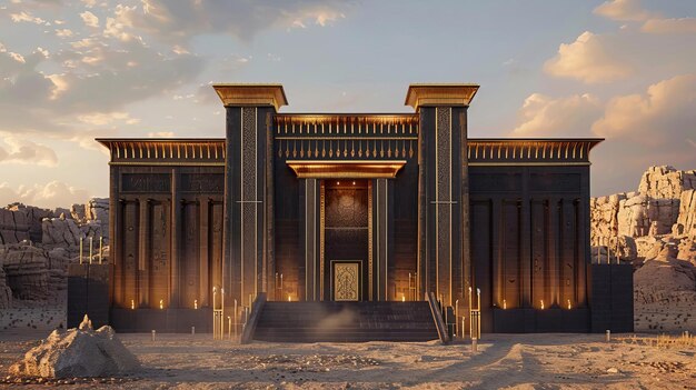 A replica of the Tabernacle of Moses showing the Holy of Holies and the Ark within set in a desert landscape