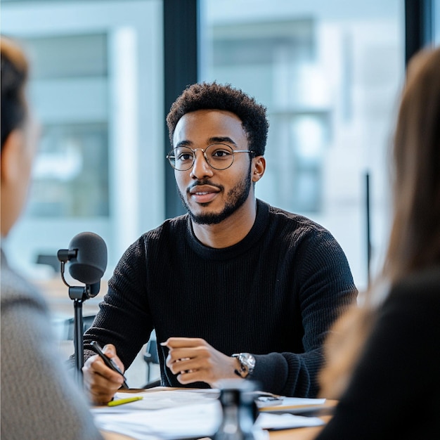 A reporter interviewing multiple sources to provide diverse perspectives in a feature story