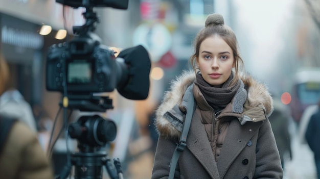 Reporter woman reporting on the street