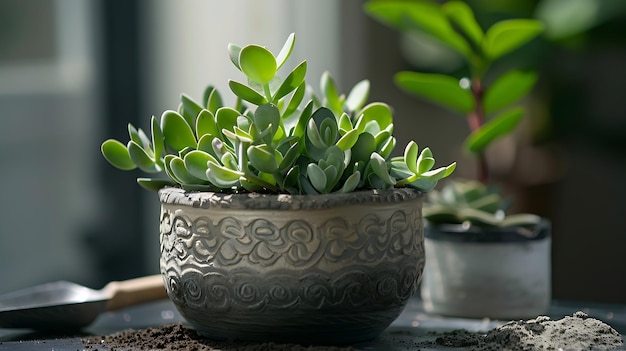 Repotting a home plant succulent Zamioculcas into new pot Caring for a potted plant Generative AI