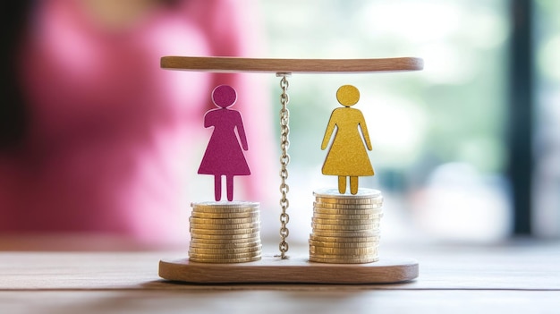 Photo representation of gender pay gap concept two figures on balanced coins highlighting monetary inequality between genders