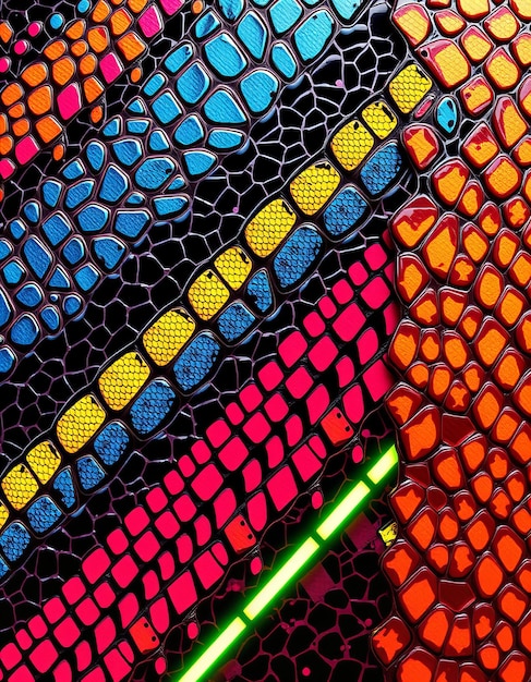 Photo reptile skin with geometric patterns and neon highlights