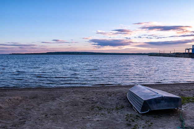 Rescue boat on the lake in the evening