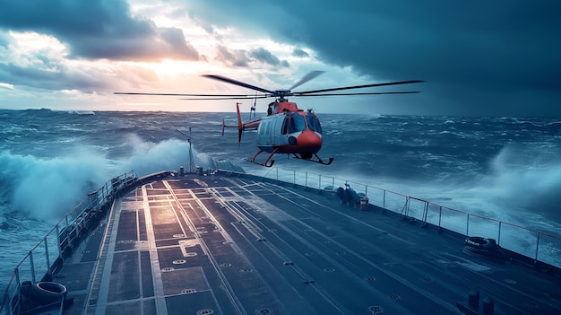 Photo a rescue helicopter landing on a ships helipad during a stormy ocean scene