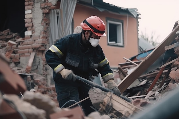 Rescue mission after the earthquake man in protective uniform and helmet Generative AI