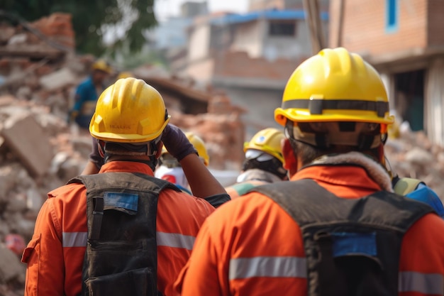 Rescue mission after the earthquake men in protective uniform and helmets Generative AI