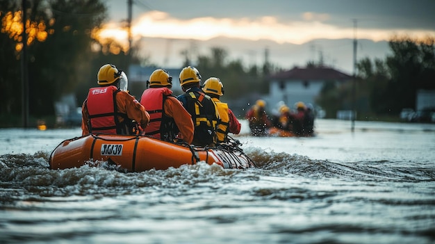 Photo a rescue team in action helping individuals during a natural disaster