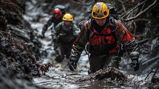 Photo a rescue team navigates a muddy stream in challenging outdoor conditions during a search operation