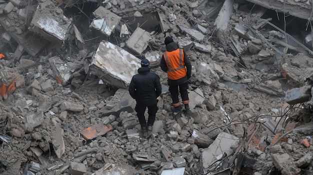 Photo rescue teams are tirelessly searching amidst collapsed buildings after a highmagnitude earthquake intense atmosphere debris scattered everywhere