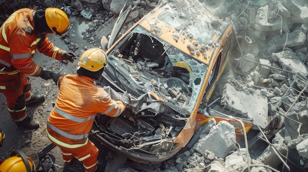 Photo rescue teams using hydraulic tools to free passengers trapped in a crushed car after a violent collision