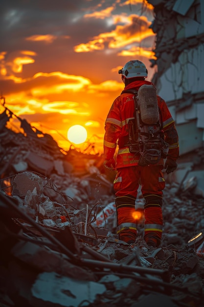 A rescue worker penetrates the rubble of a building to search for victims trapped after earthquake