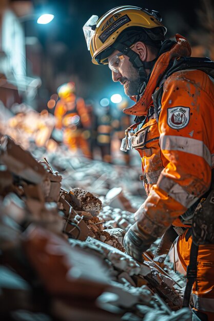 A rescue worker penetrates the rubble of a building to search for victims trapped