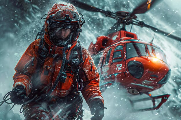 A rescue worker tries to maneuver their helicopter through a snowstorm