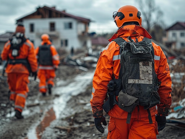 Rescue Workers in Bright Orange Gear Searching a Devastated Urban Area After a Natural Disaster