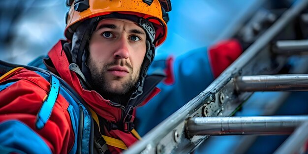 A rescuer in protective gear stands ready with a firm grip on a ladder for any mission Concept Search and rescue operations Emergency response training Team coordination