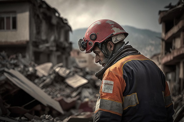 Rescuers in uniform and helmets dismantle the rubble of houses after the earthquake the ruined city and multistorey buildings disaster the consequences of a strong earthquake Generative AI