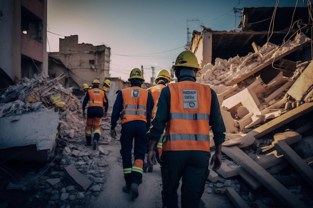 Rescuers in uniform and helmets dismantle the rubble of houses after the earthquake the ruined city and multistorey buildings disaster the consequences of a strong earthquake Generative AI