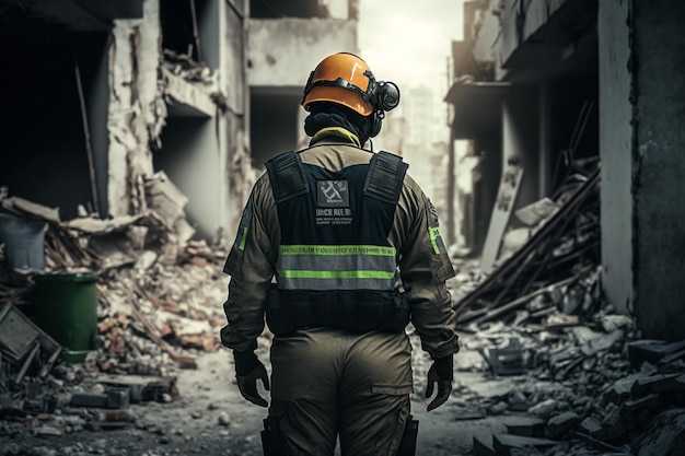 Rescuers in uniform and helmets dismantle the rubble of houses after the earthquake the ruined city and multistorey buildings disaster the consequences of a strong earthquake Generative AI