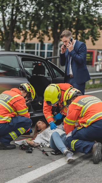 Photo rescure team radio calling help support women victim hit by car at roadside accident scene