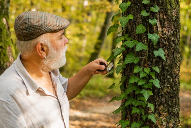 Research for nature protection Old man use magnifying glass in nature Senior person do forest research Research activity Research and discovery Explore more