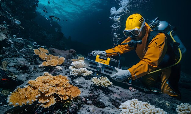 Photo a researcher and an ai robot exploring deep sea environments for scientific discoveries