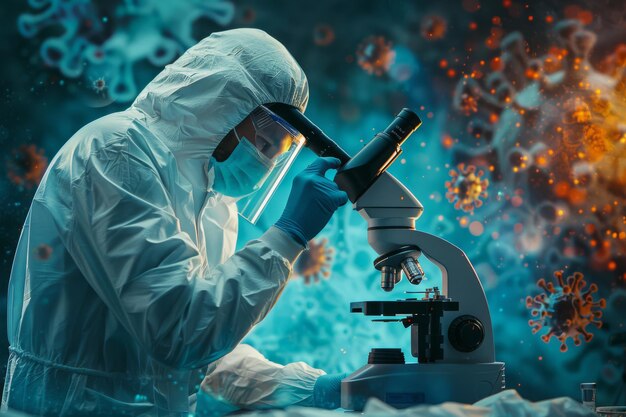 Researcher Analyzing Virus Samples Under Microscope in a Laboratory Setting