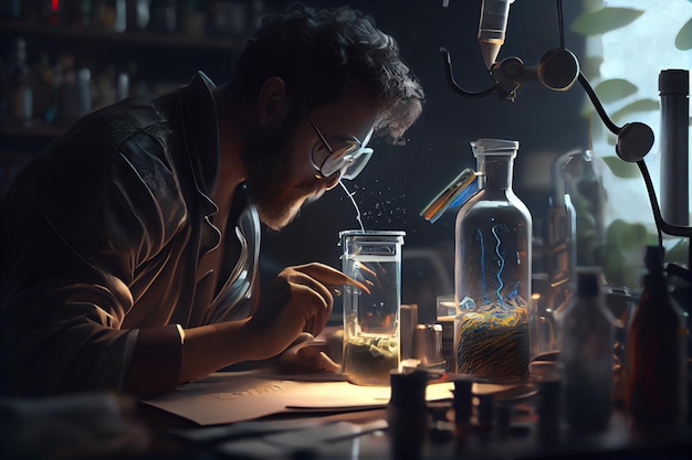 researcher holding test tube with chemist material in the investigation lab chemical engineer working with tube test in the research laboratory High quality illustration