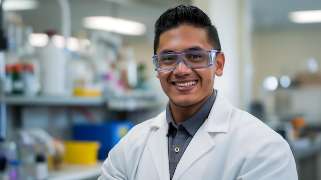 Researcher in lab coat and safety glasses smiling confidently in a state of the art laboratory