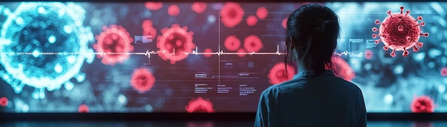 A researcher observes digital display of viruses reflecting sense of curiosity and concern