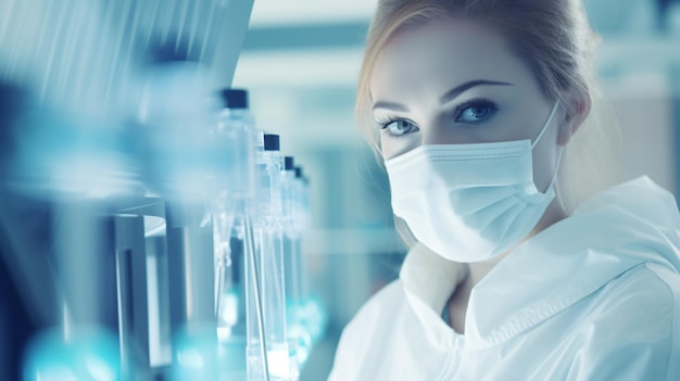 Researcher in a protective mask working in a laboratory