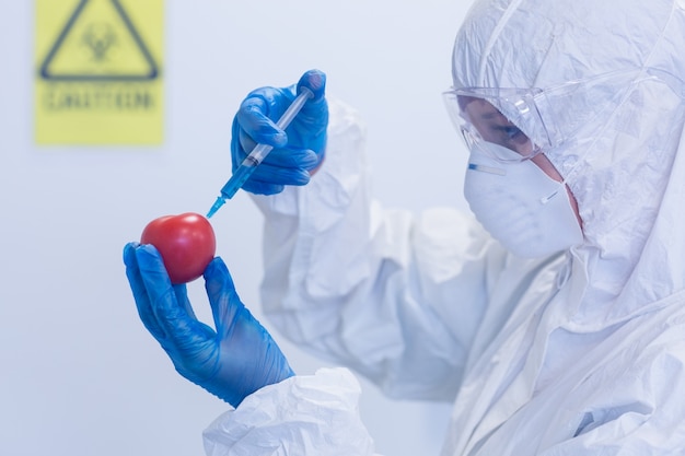 Researcher in protective suit injecting tomato at lab