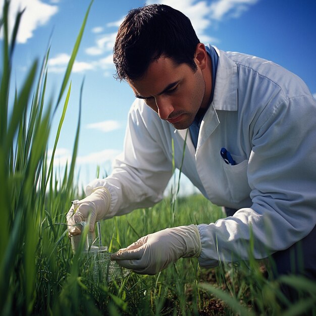 Photo a researcher studying the effects of pesticides on soil chemistry