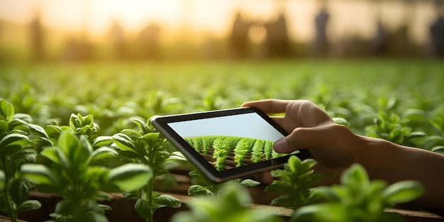 Researcher uses tablet to optimize farming practices and increase sustainable crop yields Concept Agricultural Technology Sustainable Farming Crop Yield Optimization Tablet Devices