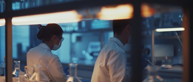 Photo researchers in white lab coats work tirelessly in a dimly lit laboratory emphasizing their dedication to intense scientific research