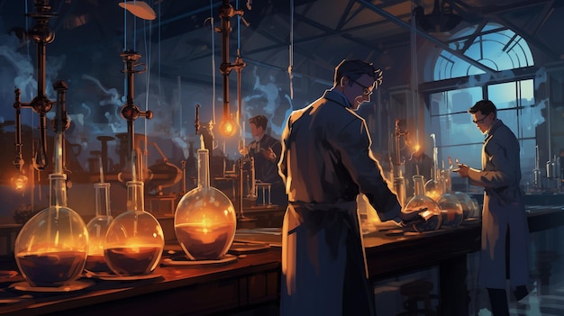 Researches in coats working in a science lab illustration