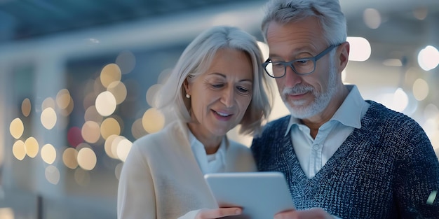 Photo researching retirement savings plans middleaged couple in futuristic attire uses tablet concept retirement planning savings strategies middleaged couple futuristic attire tablet usage