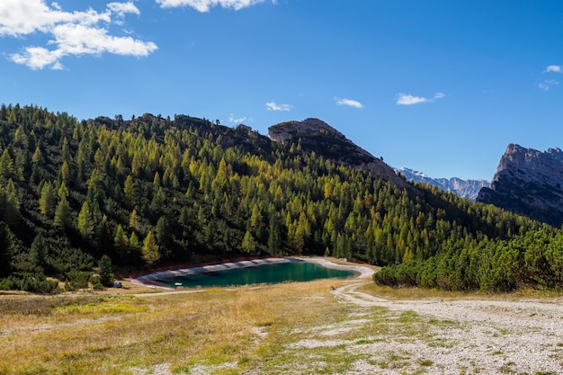 A reservoir for artificial snow production Belluno Province Dolomiti Alps Italy