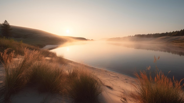 Reservoir With Sand Dune Beach Grass Foggy Shoreline Soft Muted Waves And Sunrise