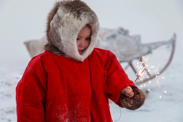 A resident of the tundra, indigenous residents of the Far North, tundra, open area, children ride on sledges