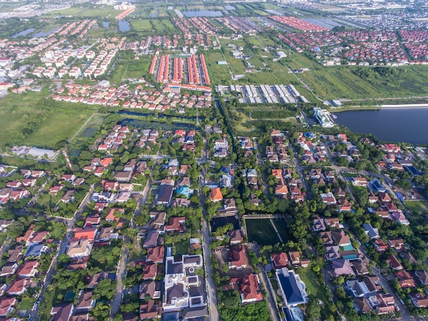 Residential area aerial view. Real estate, land and property construction industry.