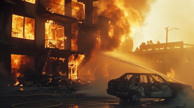 A residential building is engulfed in flames with firefighters attempting to extinguish the blazing inferno while a charred car sits in the foreground