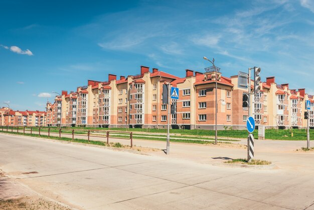 Residential buildings with balconies in the city, urban development of apartment houses. Ostrovets, Belarus