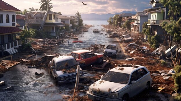 Residential neighborhood with flooded streets