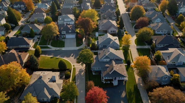 Photo a residential neighborhood with houses on the side and a tree in the middle