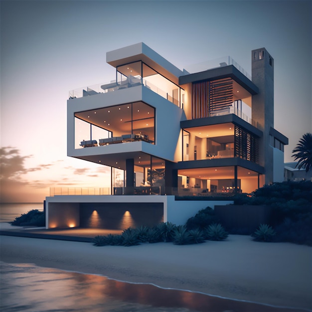 Residential villa modern architecture on the seashore at sunset