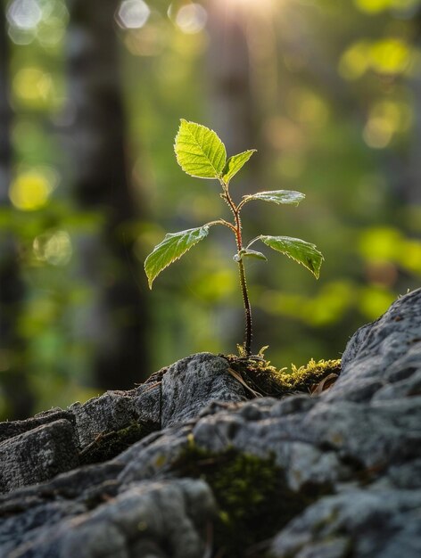 Photo resilience in nature young sapling growing from rock in sunlit forest